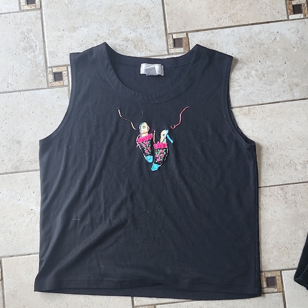 Lisa International Black Sleeveless Top Embroidered with Heels Size xl
